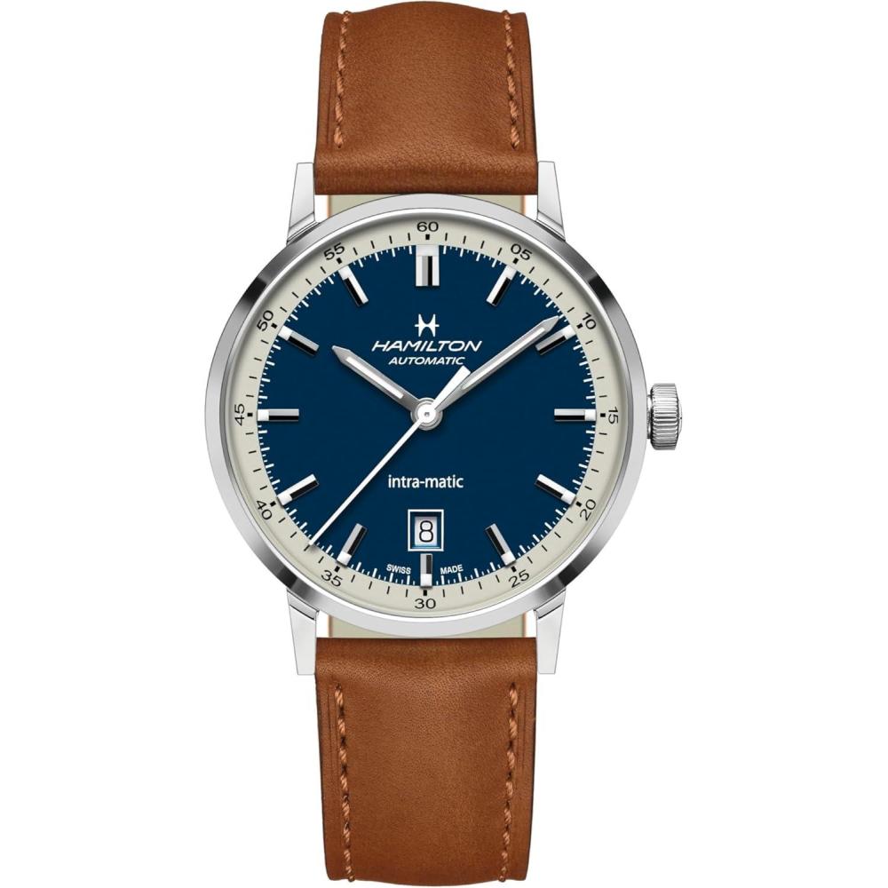 imageHamilton American Classic Automatic Mens Watch 40mm Stainless Steel Case Swiss Made Blue Dial Analog Wrist Watch for Men 50m Waterproof Sapphire Crystal 3Hand Movement Cow Leather Strap