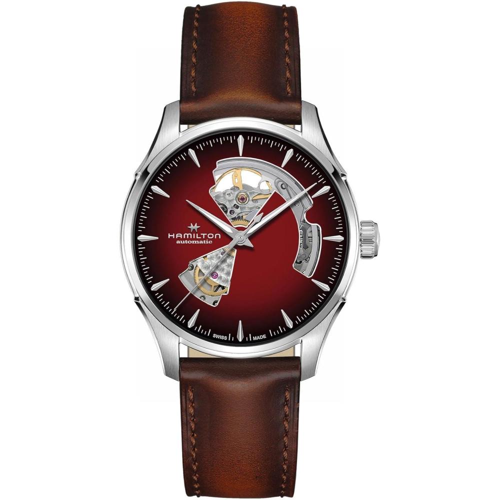 imageHamilton Jazzmaster Performer Automatic Mens Watch 40mm Stainless Steel Case Swiss Made Burgundy Dial Analog Wrist Watch 50m Waterproof Sapphire Crystal 3Hand Movement Calf Leather Strap
