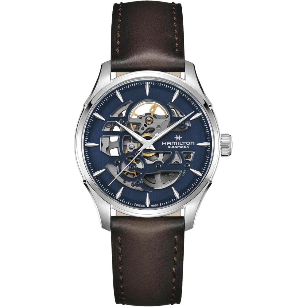 imageHamilton Jazzmaster Skeleton Automatic Mens Watch 40mm Stainless Steel Case Swiss Made Blue Dial Analog Wrist Watch for Men 50m Waterproof Sapphire Crystal 3Hand Movement Cow Leather Strap