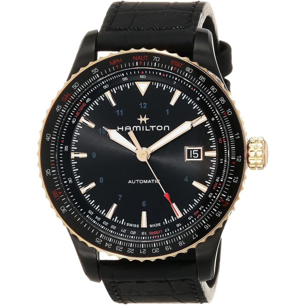 imageHamilton Khaki Aviation Automatic Mens Watch 42mm Stainless Steel Case Swiss Made Black Dial Analog Wrist Watch for Men 100m Waterproof Sapphire Crystal 3Hand Movement Cow Leather Strap