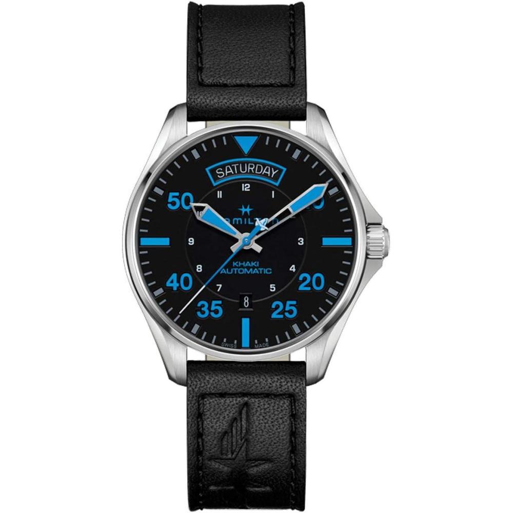 imageHamilton Khaki Aviation Automatic Mens Watch 42mm Stainless Steel Case Swiss Made Black Dial Analog Wrist Watch for Men 100m Waterproof Sapphire Crystal Cow Leather Strap