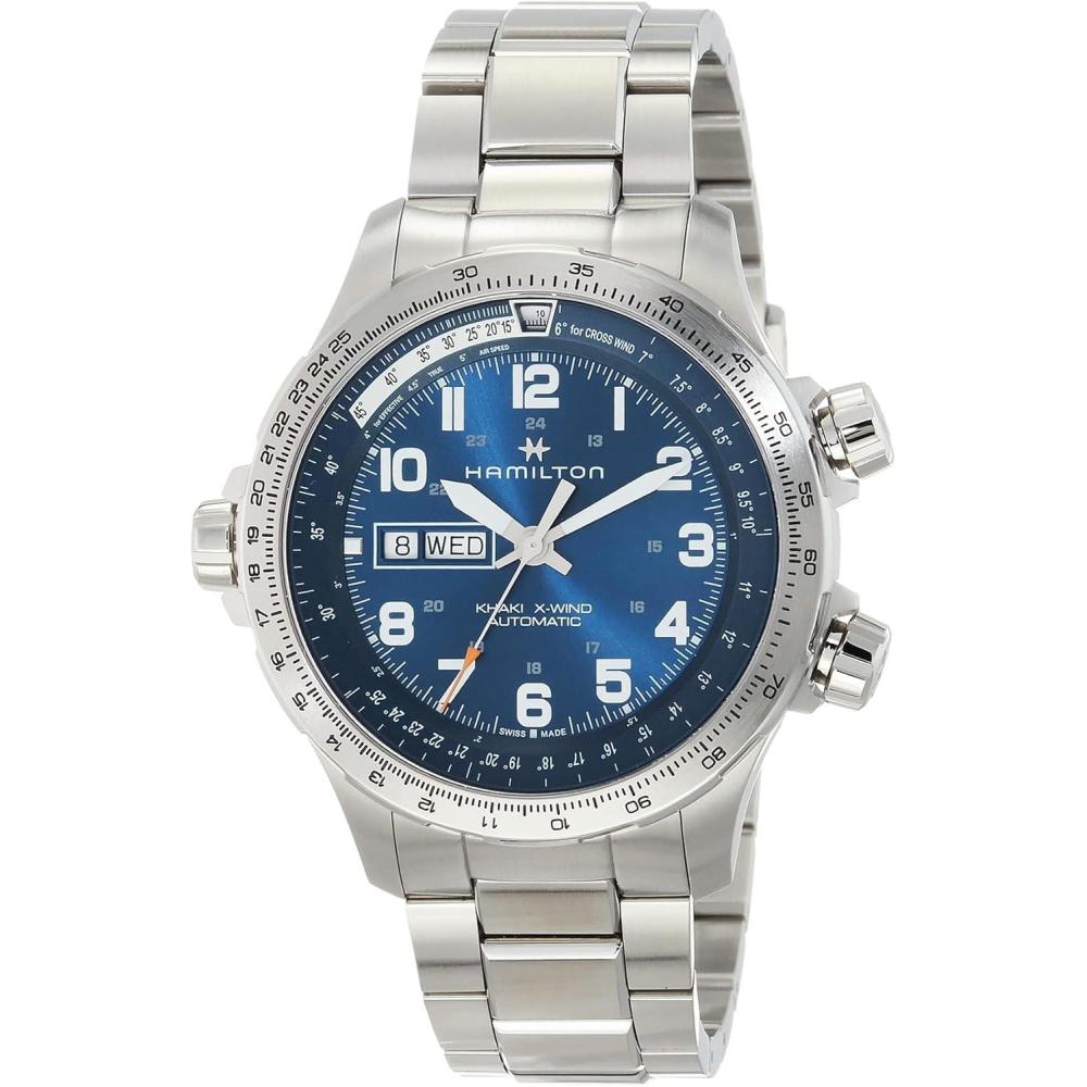 imageHamilton Khaki Aviation Automatic Mens Watch 45mm Stainless Steel Case Swiss Made Blue Dial Analog Wrist Watch for Men 100m Waterproof Sapphire Crystal 3Hand Movement Stainless Steel Strap