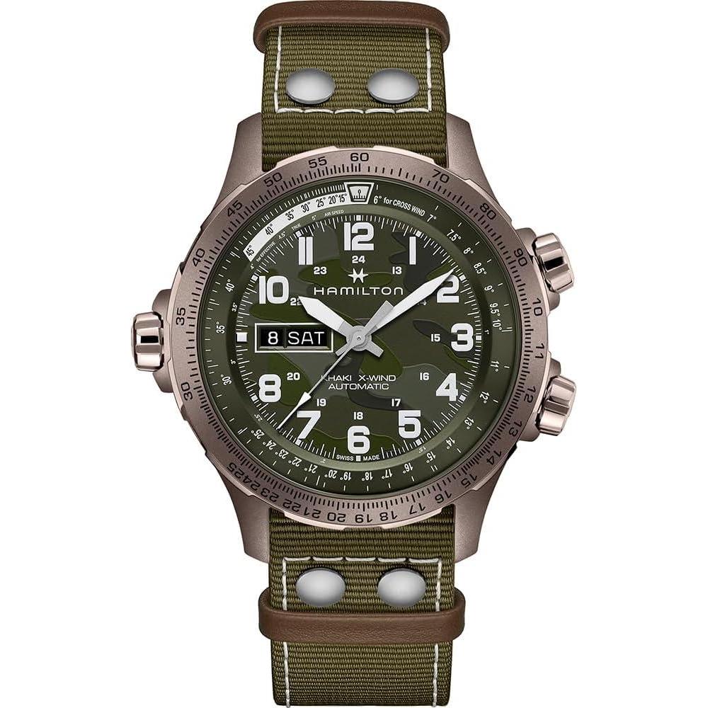 imageHamilton Khaki Aviation Automatic Mens Watch 45mm Stainless Steel Case Swiss Made Green Dial Analog Wrist Watch for Men 100m Waterproof Sapphire Crystal 3Hand Movement Textile Strap