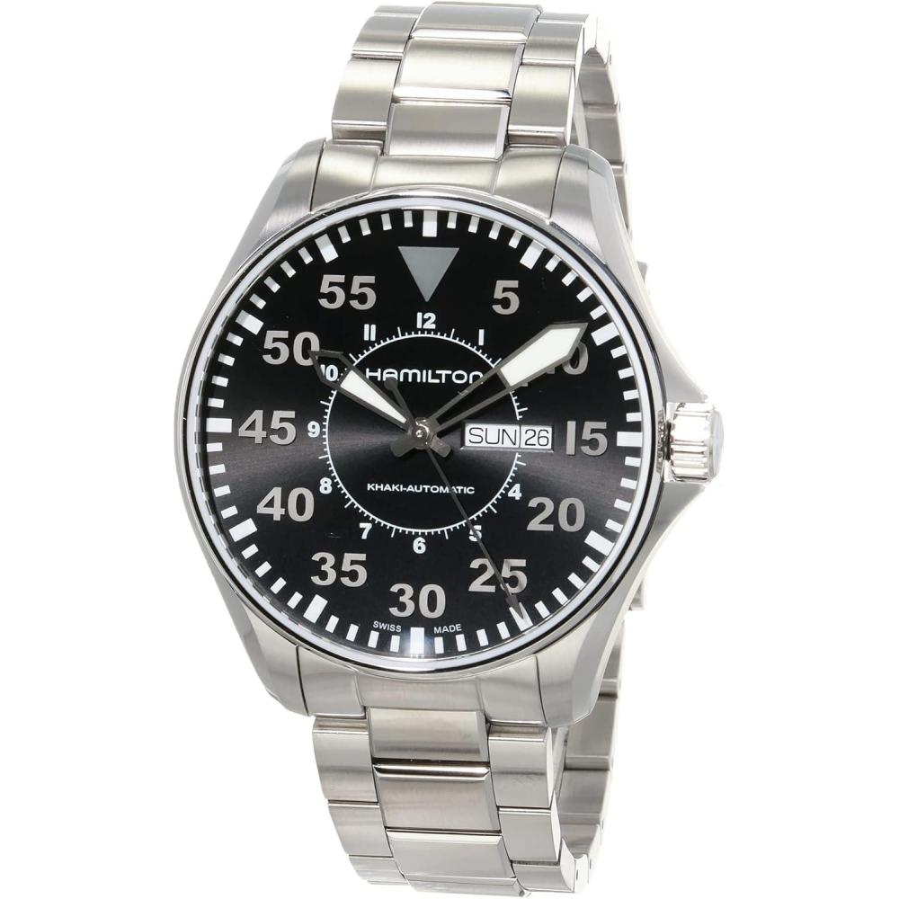 imageHamilton Khaki Aviation Automatic Mens Watch 46mm Stainless Steel Case Swiss Made Black Dial Analog Wrist Watch for Men 200m Waterproof Sapphire Crystal 3Hand Movement Stainless Steel Strap