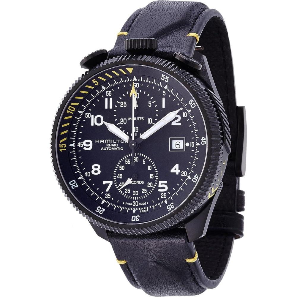 imageHamilton Khaki Aviation Automatic Mens Watch 46mm Stainless Steel Case Swiss Made Black Dial Analog Wrist Watch for Men 50m Waterproof Sapphire Crystal Calf Leather Strap