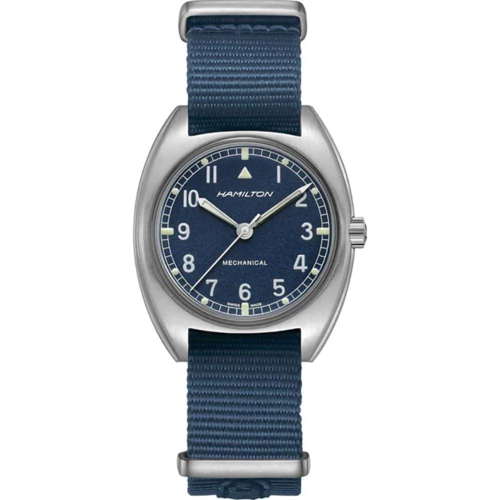 imageHamilton Khaki Aviation Pilot Mechanical Mens Watch 36mm x 33mm Stainless Steel Case Swiss Made Blue Dial Analog Wrist Watch for Men 100m Waterproof Mineral Crystal Textile Strap