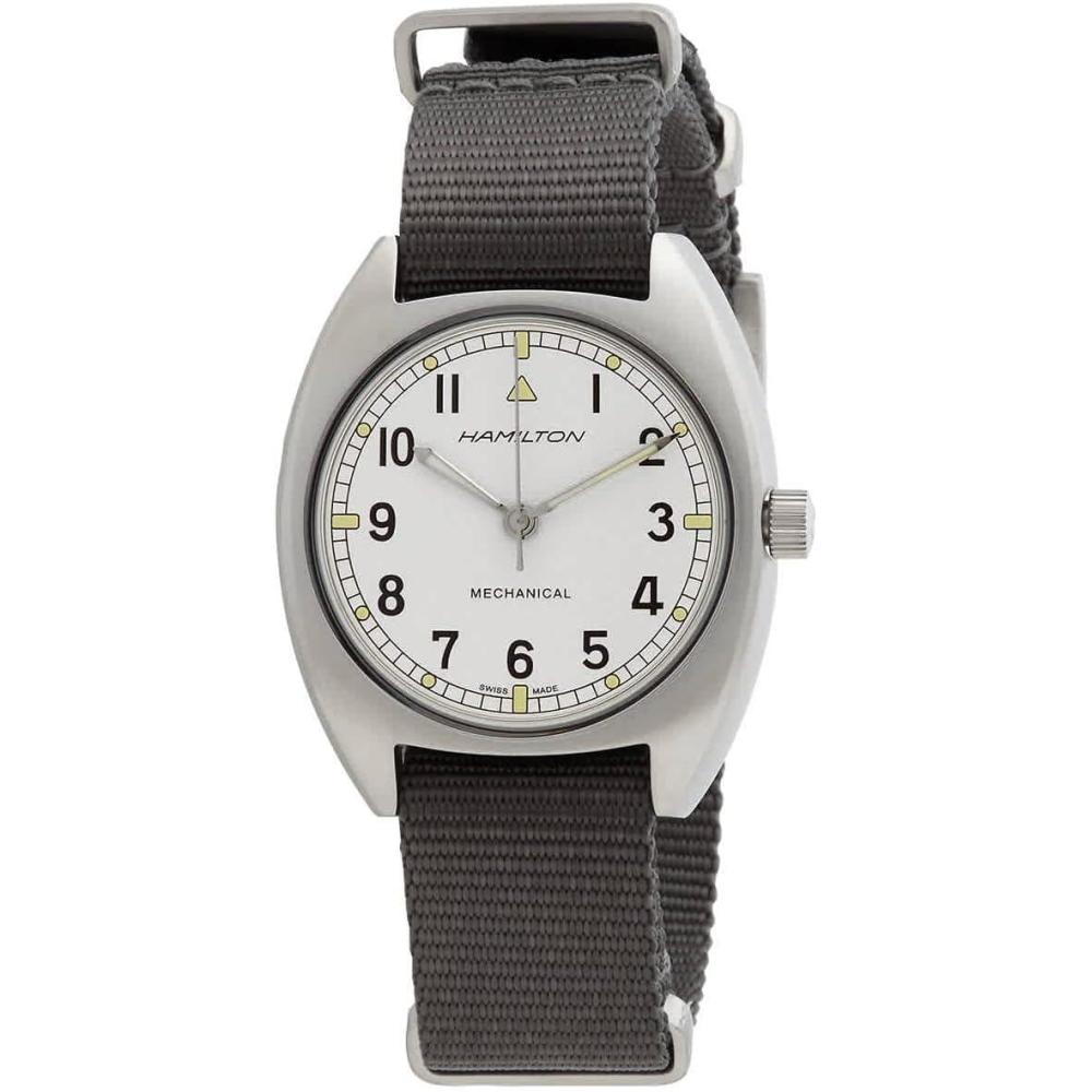 imageHamilton Khaki Aviation Pilot Mechanical Mens Watch 36mm x 33mm Stainless Steel Case Swiss Made Silver Dial Analog Wrist Watch for Men 100m Waterproof Mineral Crystal Textile Strap