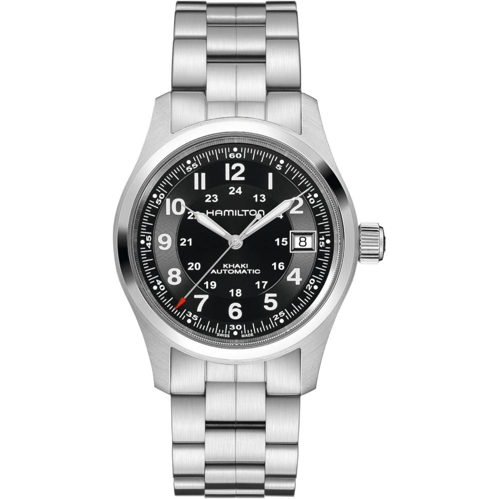 imageHamilton Khaki Field Automatic Mens Watch 38mm Stainless Steel Case Swiss Made Black Dial Analog Wrist Watch for Men 100m Waterproof Sapphire Crystal 3Hand Movement Stainless Steel Strap