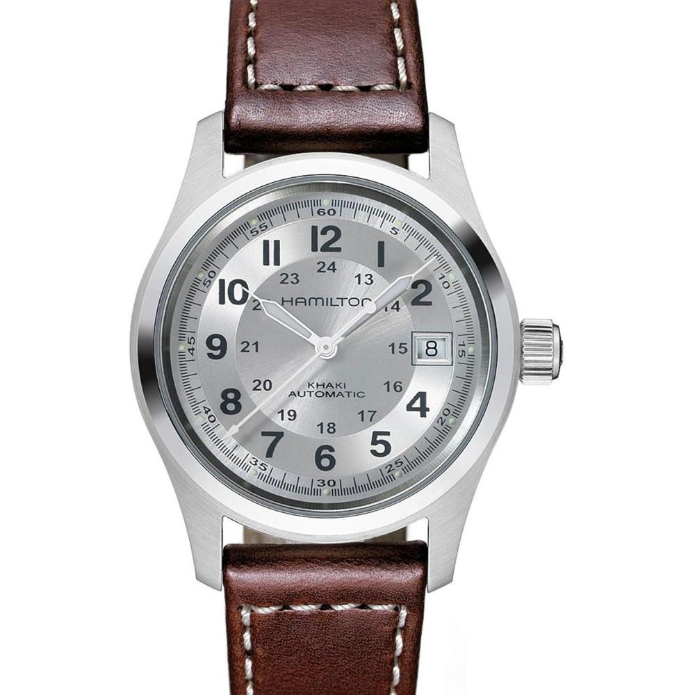 imageHamilton Khaki Field Automatic Mens Watch 38mm Stainless Steel Case Swiss Made Silver Dial Analog Wrist Watch for Men 100m Waterproof Sapphire Crystal 3Hand Movement Cow Leather Strap