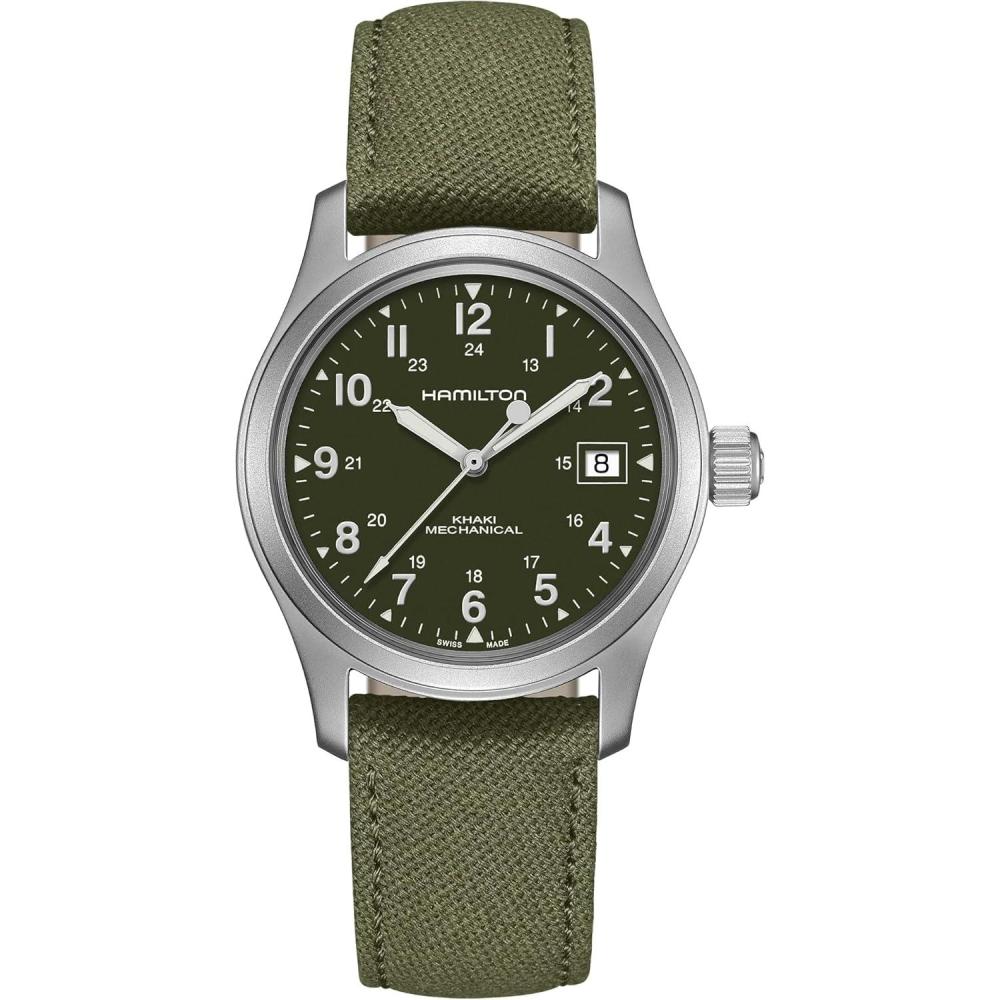 imageHamilton Khaki Field Mechanical Mens Watch 38mm Stainless Steel Case Swiss Made Green Dial Analog Wrist Watch for Men 50m Waterproof Sapphire Crystal Canvas Strap