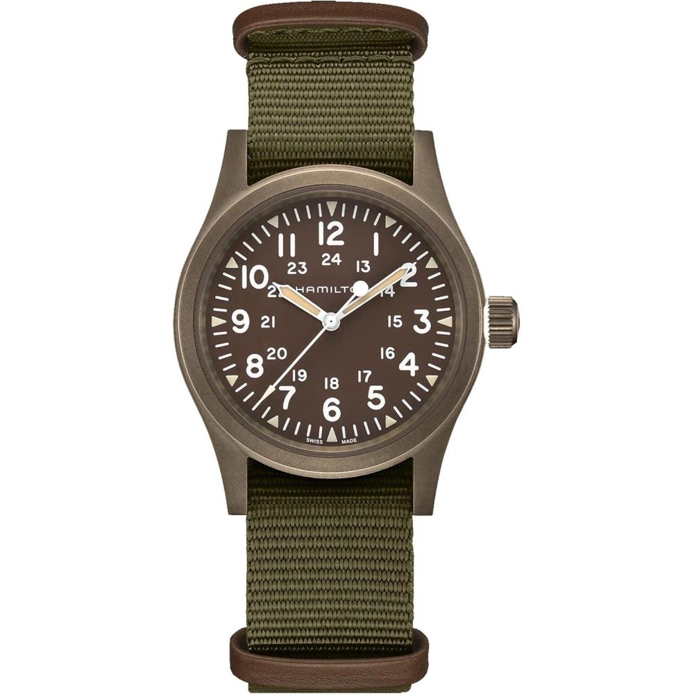 imageHamilton Khaki Field Mechanical Mens Watch 38mm Stainless Steel Case Swiss Made Green Dial Analog Wrist Watch for Men 50m Waterproof Sapphire Crystal Textile Strap