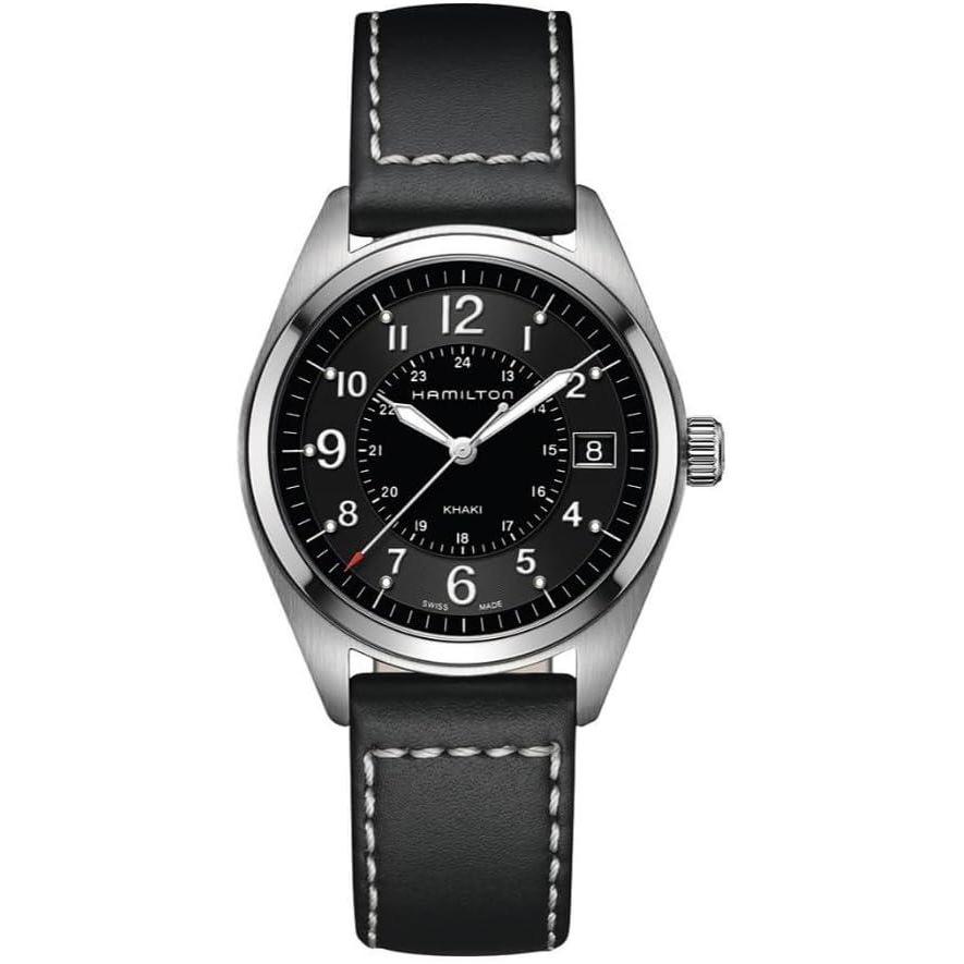 imageHamilton Khaki Field Quartz Mens Watch 40mm Stainless Steel Case Swiss Made Black Dial Analog Wrist Watch for Men 50m Waterproof Sapphire Crystal Calf Leather Strap