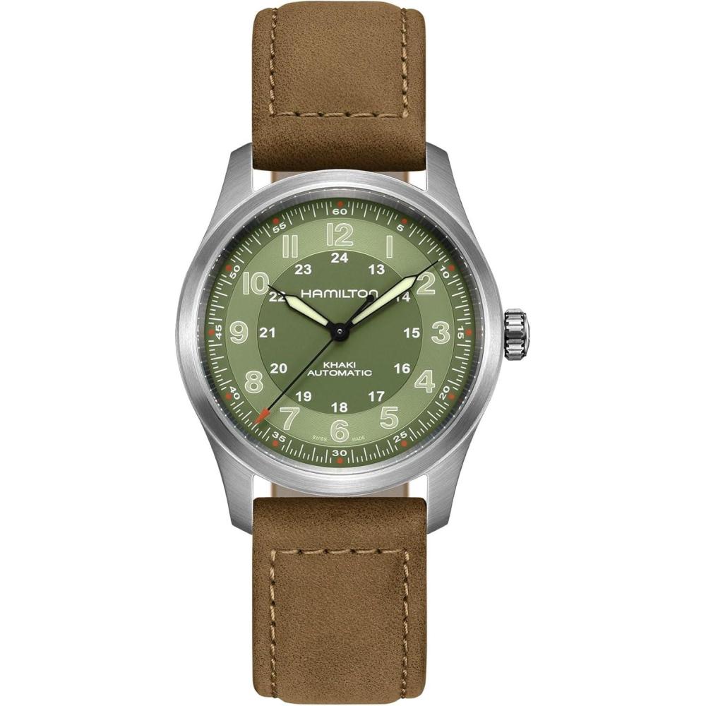 imageHamilton Khaki Field Titanium Automatic Mens Watch 38mm Titanium Case Swiss Made Green Dial Analog Wrist Watch for Men 100m Waterproof Sapphire Crystal 3Hand Movement Cow Leather Strap