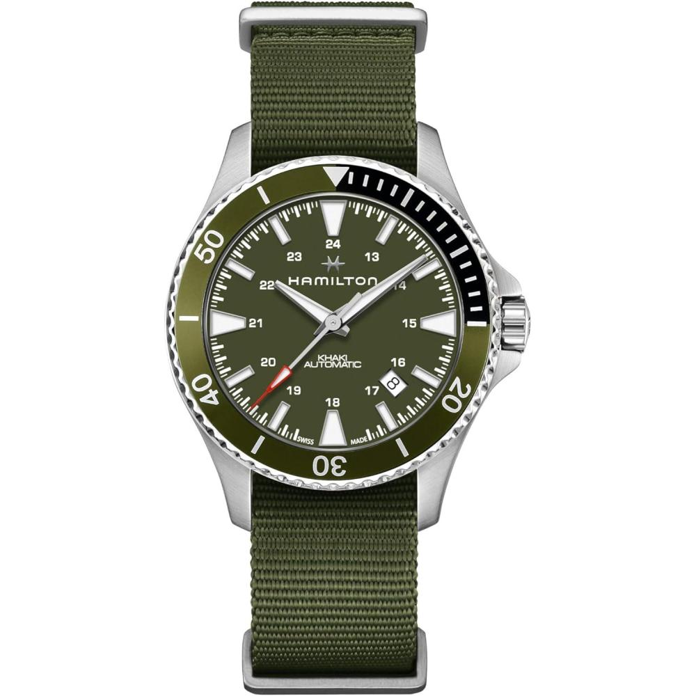imageHamilton Khaki Navy Automatic Mens Watch 40mm Stainless Steel Case Swiss Made Green Dial Analog Wrist Watch for Men 100m Waterproof Sapphire Crystal 3Hand Movement Textile Strap