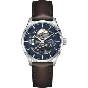 Hamilton Jazzmaster Skeleton Automatic Men’s Watch, 40mm Stainless Steel Case, Swiss Made, Blue Dial Analog Wrist Watch for Men, 50m Waterproof, Sapphire Crystal, 3-Hand Movement, Cow Leather Strap