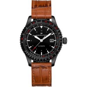 Hamilton Khaki Aviation Automatic Men’s Watch, 42mm Stainless Steel Case, Swiss Made, Black Dial Analog Wrist Watch for Men, 100m Waterproof, Sapphire Crystal, 3-Hand Movement, Calf Leather Strap