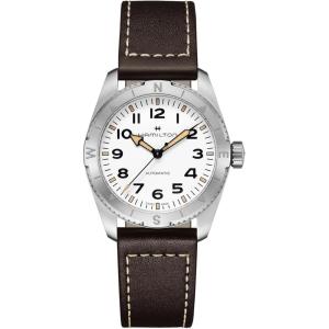 Hamilton Khaki Field Expedition Automatic Men’s Watch, 37mm Stainless Steel Case, Swiss Made, White Dial Analog Wrist Watch, 100m Waterproof, Sapphire Crystal, 3-Hand Movement, Cow Leather Strap