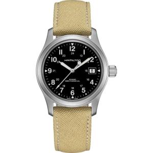 Hamilton Khaki Field Mechanical Men’s Watch, 38mm Stainless Steel Case, Swiss Made, Black Dial Analog Wrist Watch for Men, 50m Waterproof, Sapphire Crystal, Canvas Strap