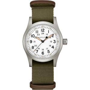 Hamilton Khaki Field Mechanical Men’s Watch, 38mm Stainless Steel Case, Swiss Made, White Dial Analog Wrist Watch for Men, 50m Waterproof, Sapphire Crystal, Textile Strap