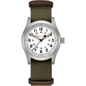 Hamilton Khaki Field Mechanical Men’s Watch, 42mm Stainless Steel Case, Swiss Made, White Dial Analog Wrist Watch for Men, 50m Waterproof, Sapphire Crystal, Textile Strap