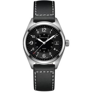 Hamilton Khaki Field Quartz Men’s Watch, 40mm Stainless Steel Case, Swiss Made, Black Dial Analog Wrist Watch for Men, 50m Waterproof, Sapphire Crystal, Calf Leather Strap