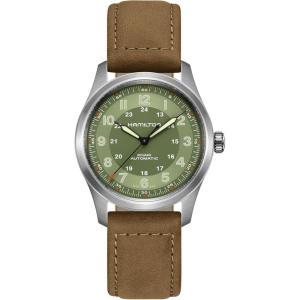 Hamilton Khaki Field Titanium Automatic Men’s Watch, 38mm Titanium Case, Swiss Made, Green Dial Analog Wrist Watch for Men, 100m Waterproof, Sapphire Crystal, 3-Hand Movement, Cow Leather Strap