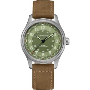 Hamilton Khaki Field Titanium Automatic Men’s Watch, 42mm Titanium Case, Swiss Made, Green Dial Analog Wrist Watch for Men, 100m Waterproof, Sapphire Crystal, 3-Hand Movement, Cow Leather Strap