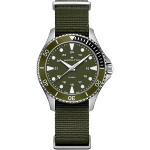 Hamilton Khaki Navy Scuba Quartz Men’s Watch, 37mm Stainless Steel Case, Swiss Made, Green Dial Analog Wrist Watch for Men, 100m Waterproof, Sapphire Crystal, Textile Strap