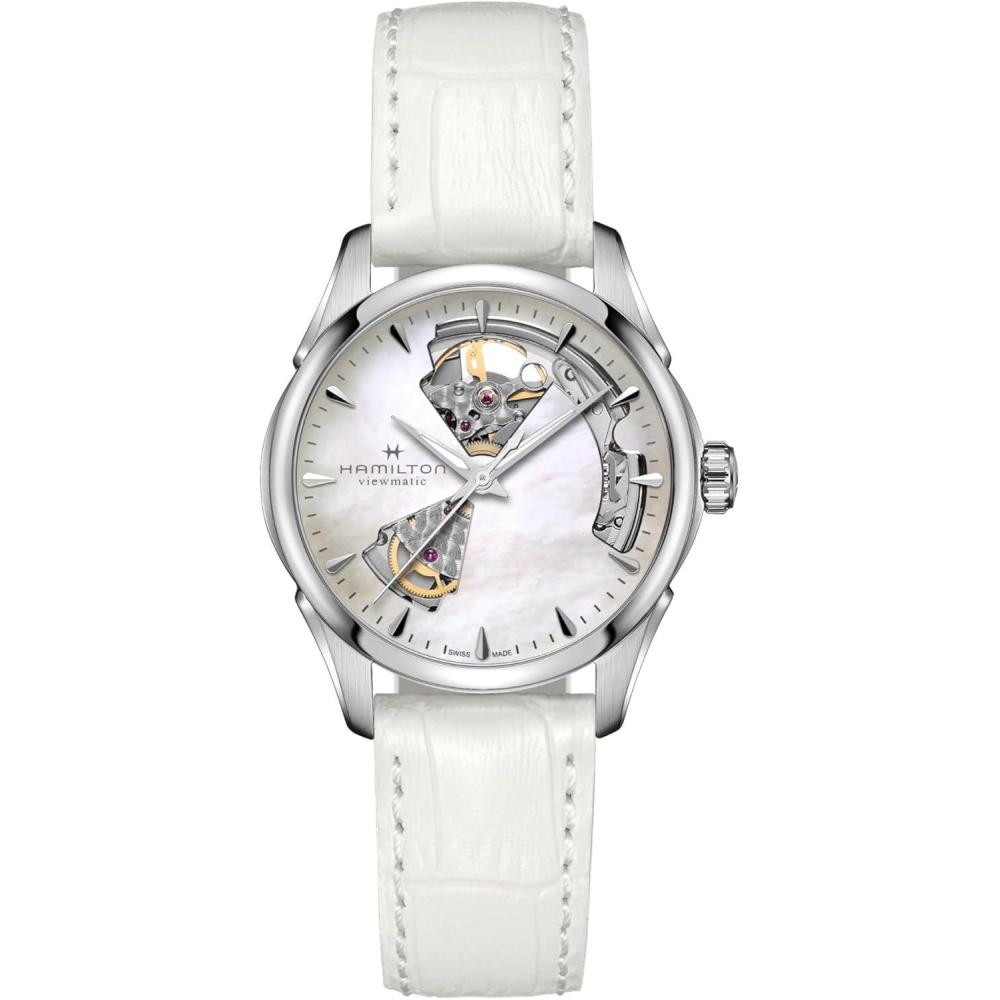 imageHamilton Jazzmaster Open Heart Automatic Womens Watch 36mm Stainless Steel Case Swiss Made Mother of Pearl Dial Analog Wrist Watch 50m Waterproof Sapphire Crystal Cow Leather Strap