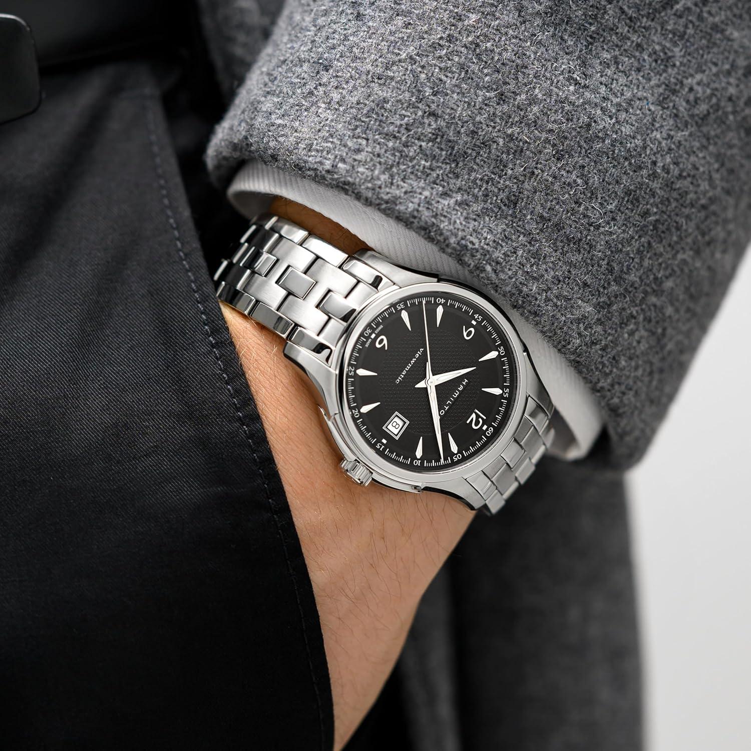 imageHamilton Jazzmaster Automatic Mens Watch 40mm Stainless Steel Case Swiss Made Black Dial Analog Wrist Watch for Men 50m Waterproof Sapphire Crystal 3Hand Movement Stainless Steel Strap