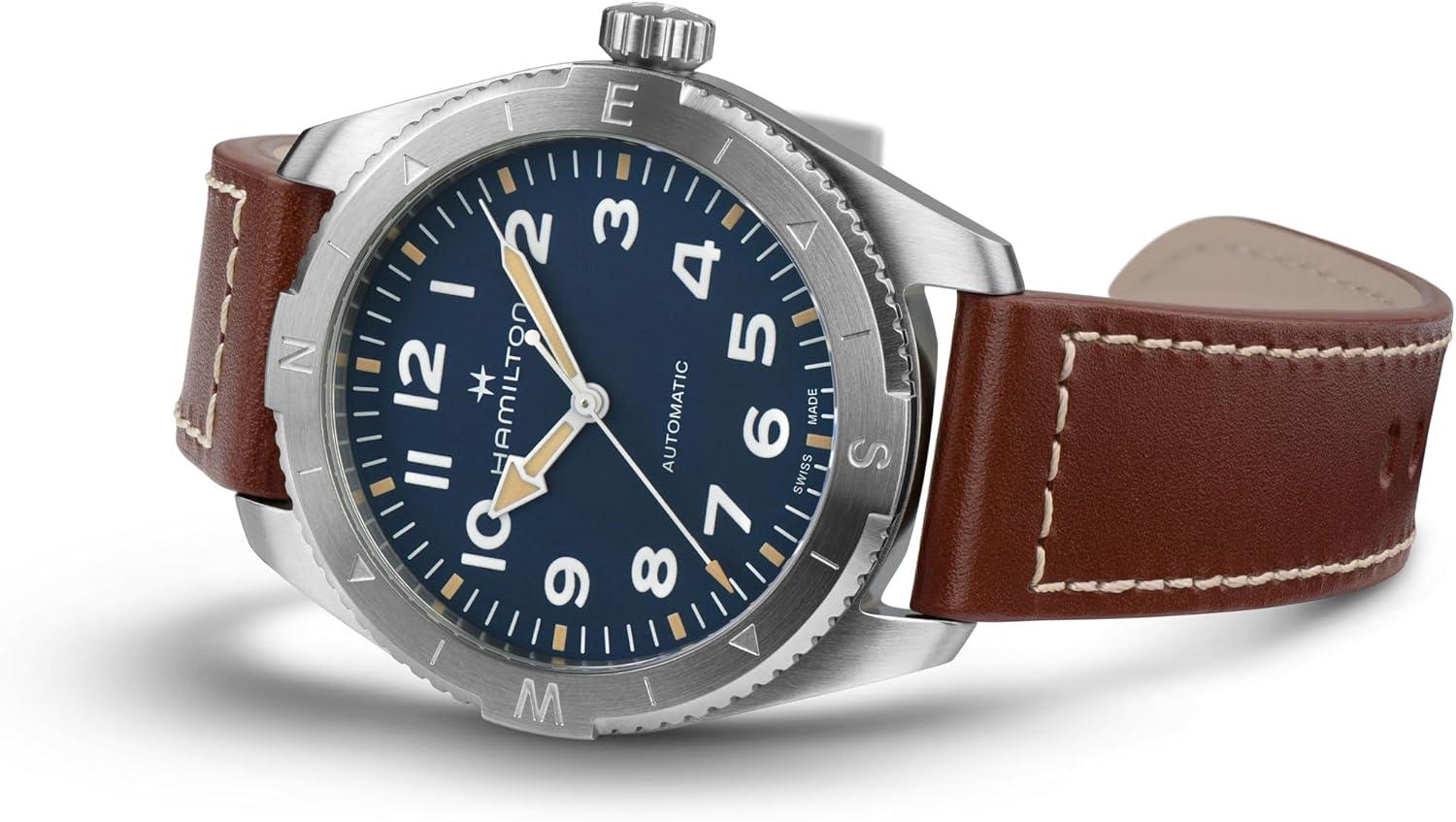 imageHamilton Khaki Field Expedition Automatic Mens Watch 41mm Stainless Steel Case Swiss Made Blue Dial Analog Wrist Watch 100m Waterproof Sapphire Crystal 3Hand Movement Cow Leather Strap