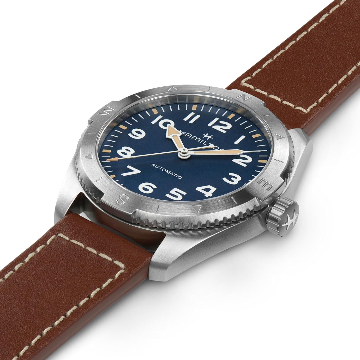 imageHamilton Khaki Field Expedition Automatic Mens Watch 41mm Stainless Steel Case Swiss Made Blue Dial Analog Wrist Watch 100m Waterproof Sapphire Crystal 3Hand Movement Cow Leather Strap